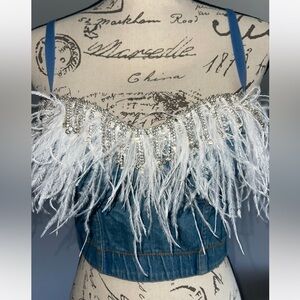 Denim feather embellished  crop top